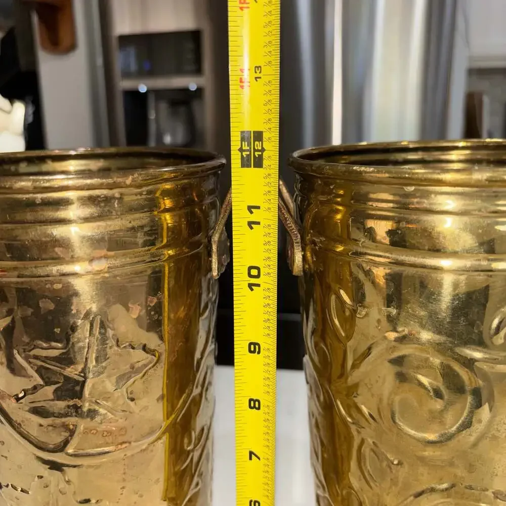 Vintage Hosley French Brass Bucket Planter Vases with Embossed Floral/Grapevine